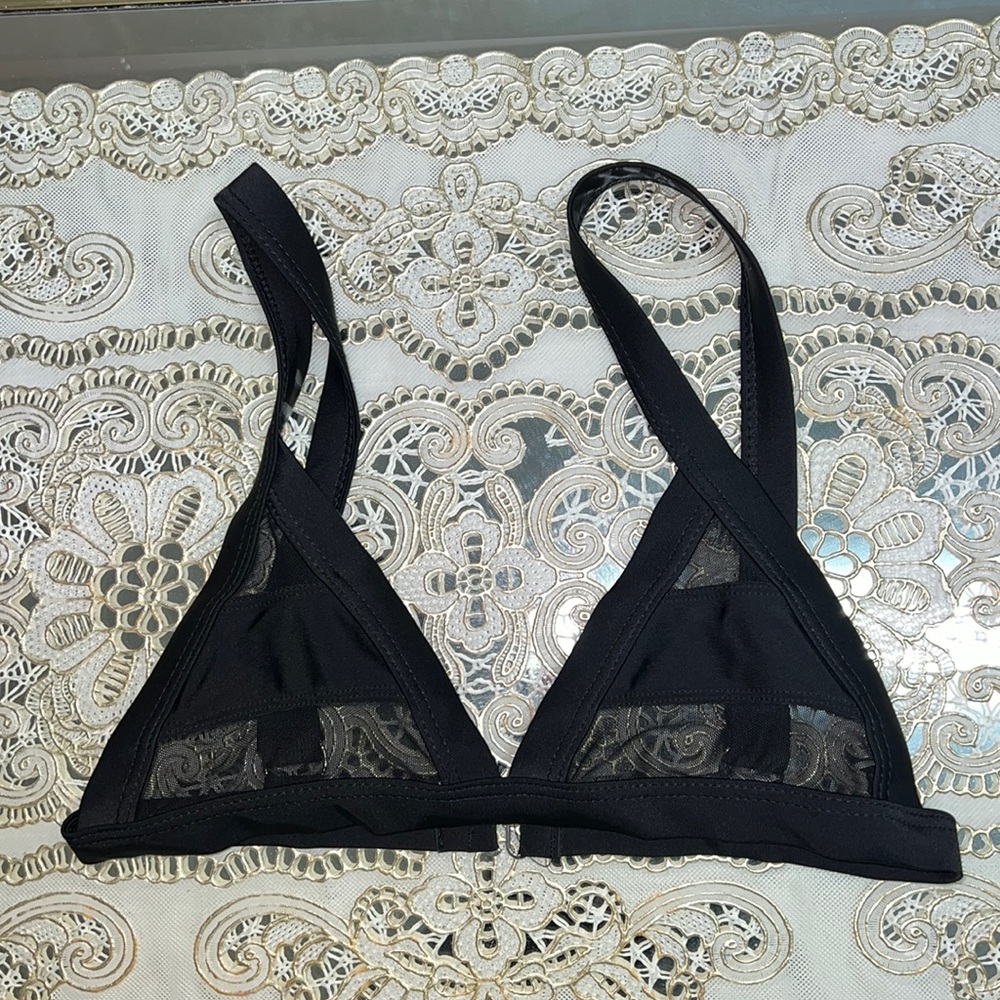 Black triangle bikini top with mesh inserts
